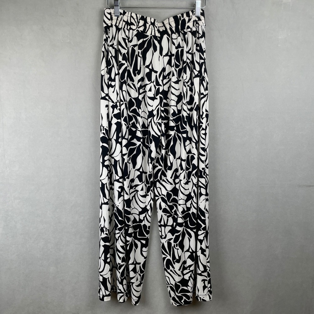 Three Dots Black White Abstract Leaf Print Wide Leg Pull On Pants S Office Bold - Picture 2 of 11